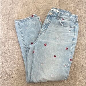 PacSun Straight Leg Blue and Red Jeans with flower Accents